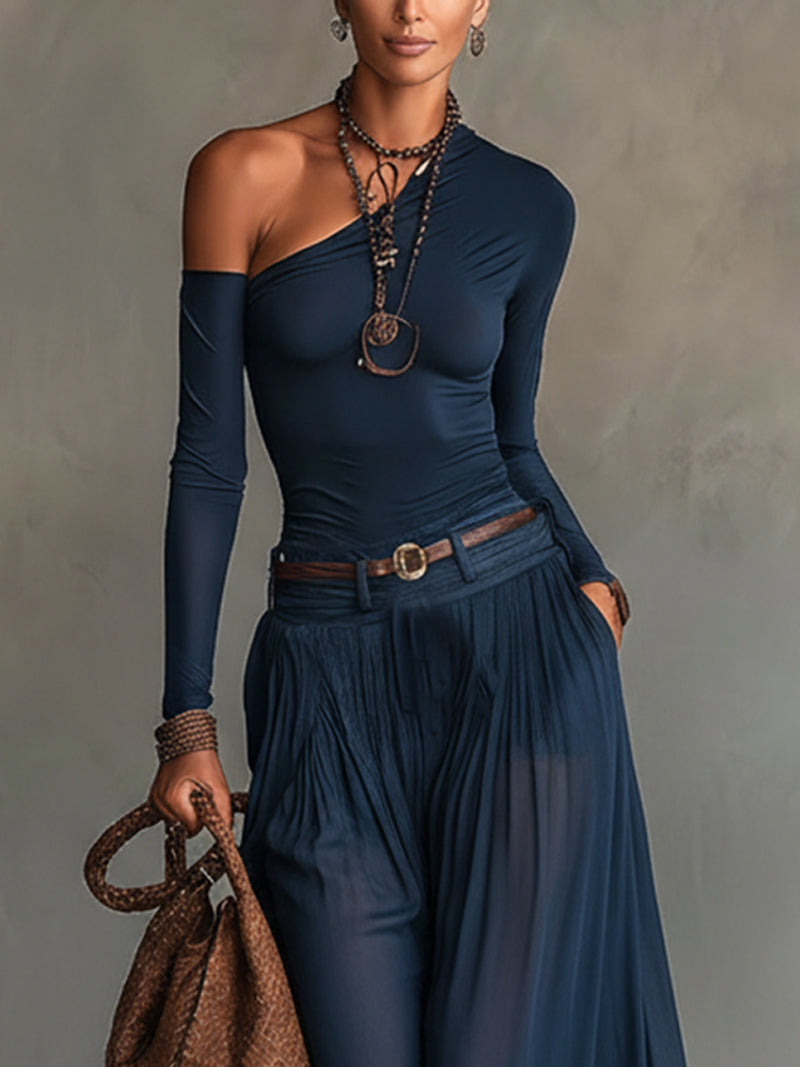 Hnisa - One Shoulder Pleated Wide Leg Jumpsuit