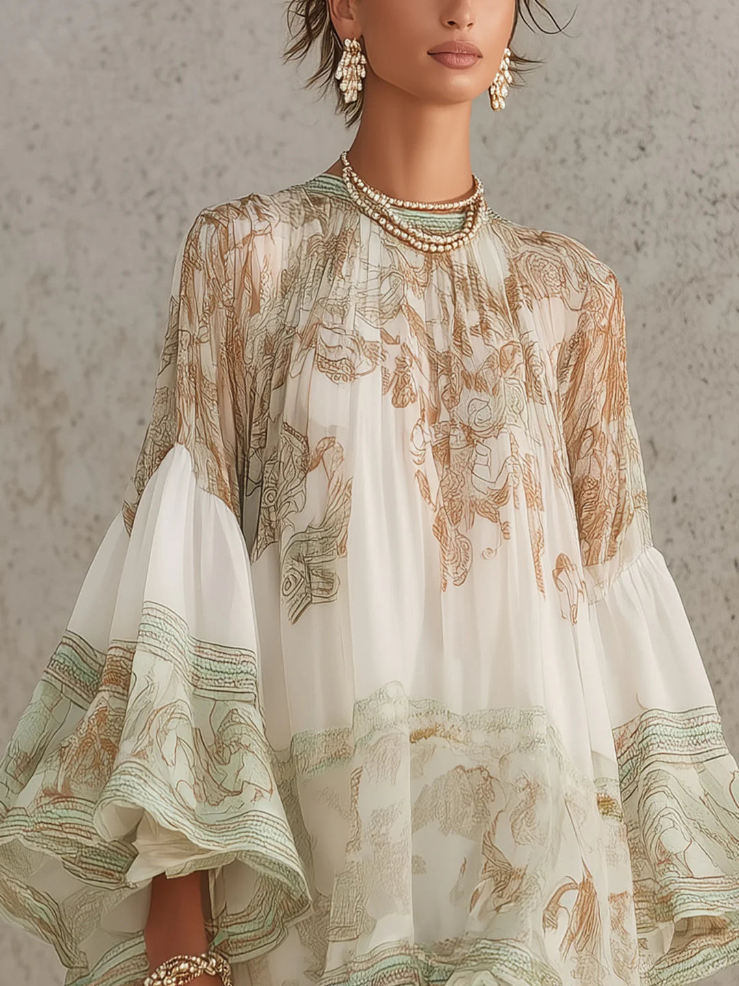 Reba - Baroque Print and Cascading Ruffles Chiffon Mini Dress