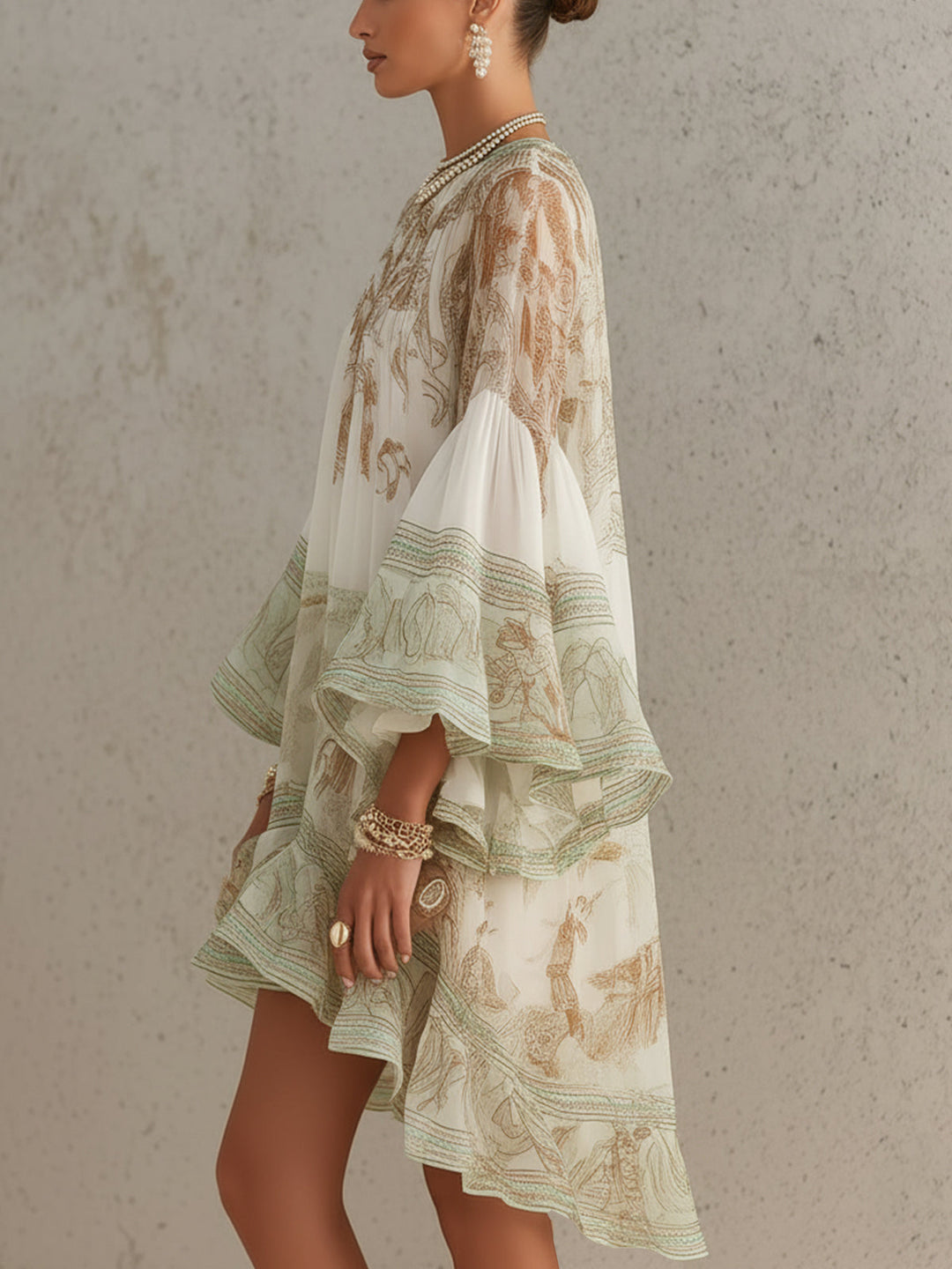 Reba - Baroque Print and Cascading Ruffles Chiffon Mini Dress