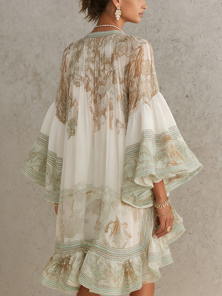 Reba - Baroque Print and Cascading Ruffles Chiffon Mini Dress