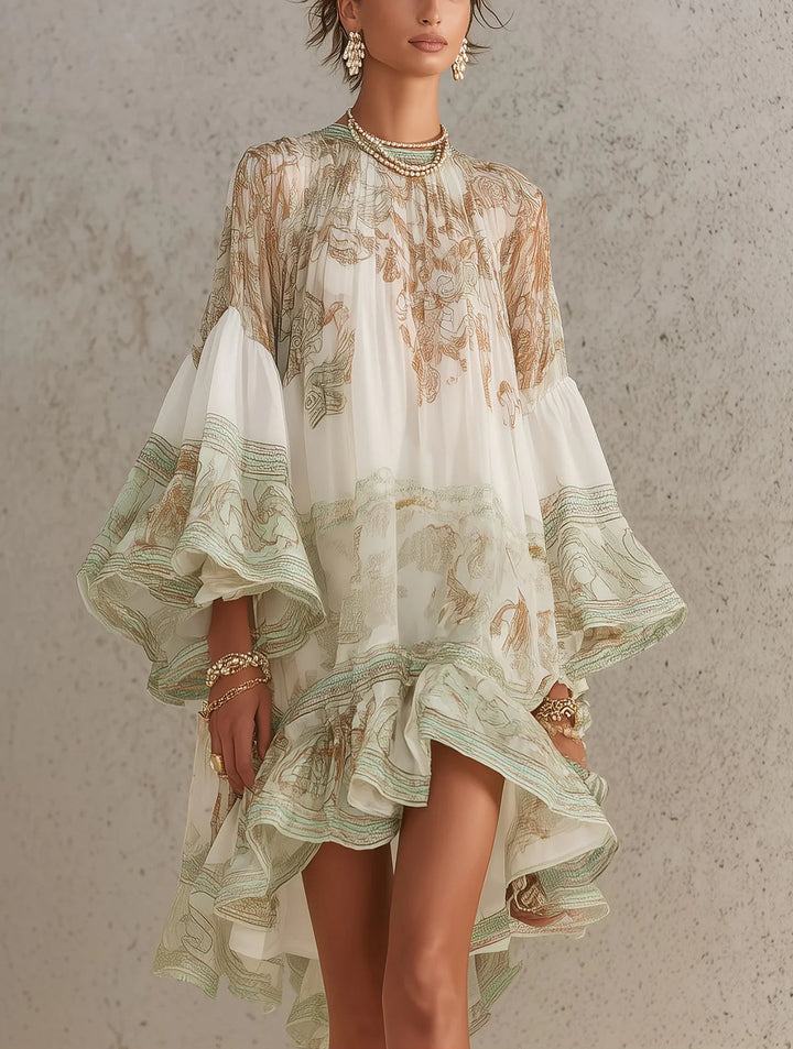 Reba - Baroque Print and Cascading Ruffles Chiffon Mini Dress