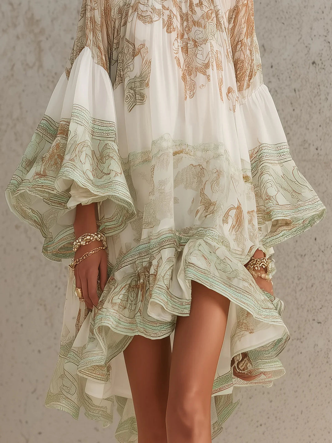 Reba - Baroque Print and Cascading Ruffles Chiffon Mini Dress