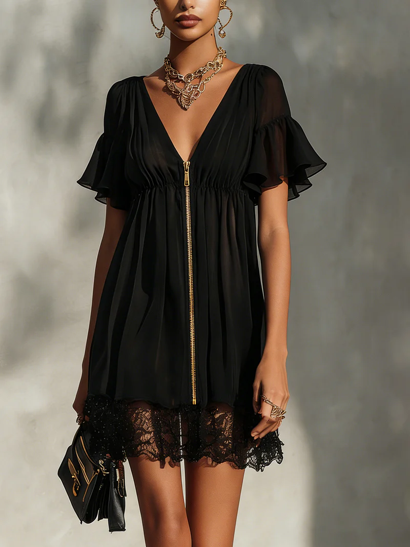 Sanya - Mini Dress With Lace Trim Zipper Closure