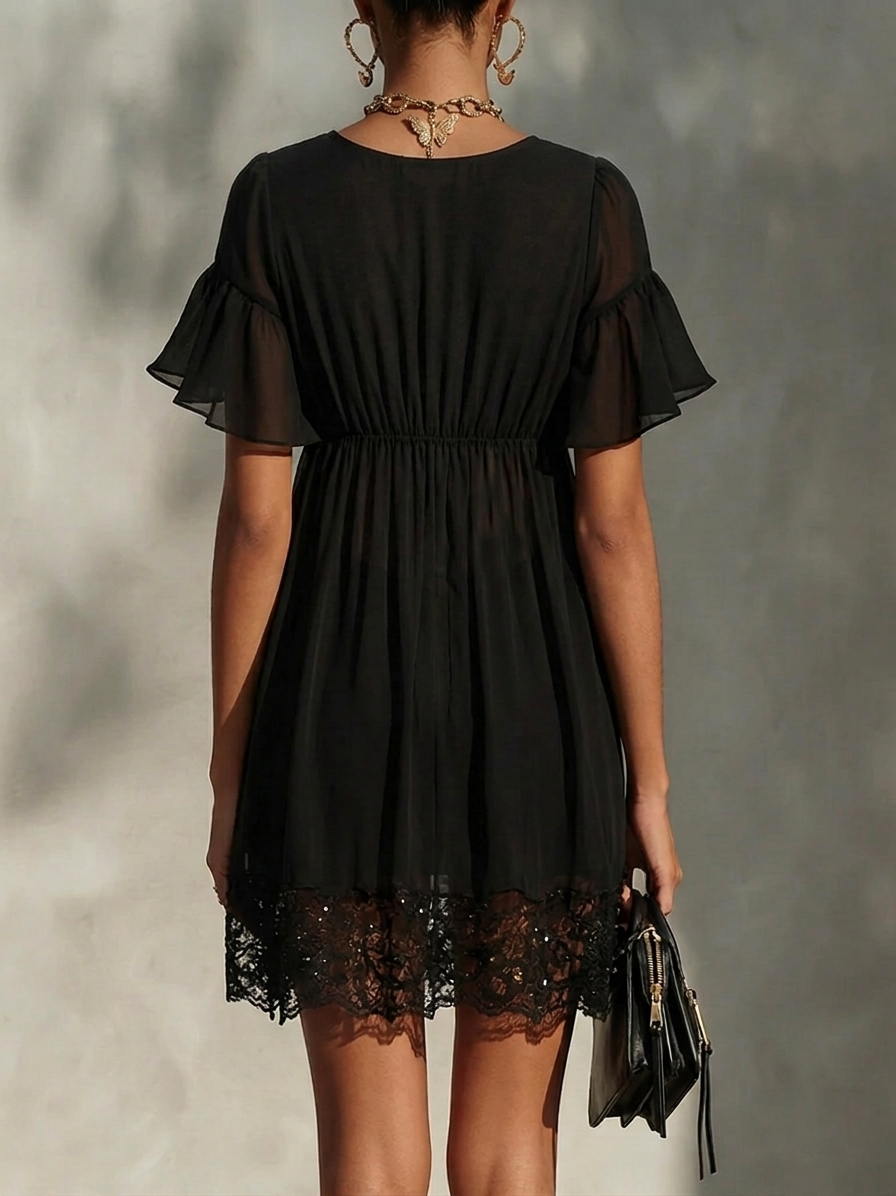 Sanya - Mini Dress With Lace Trim Zipper Closure
