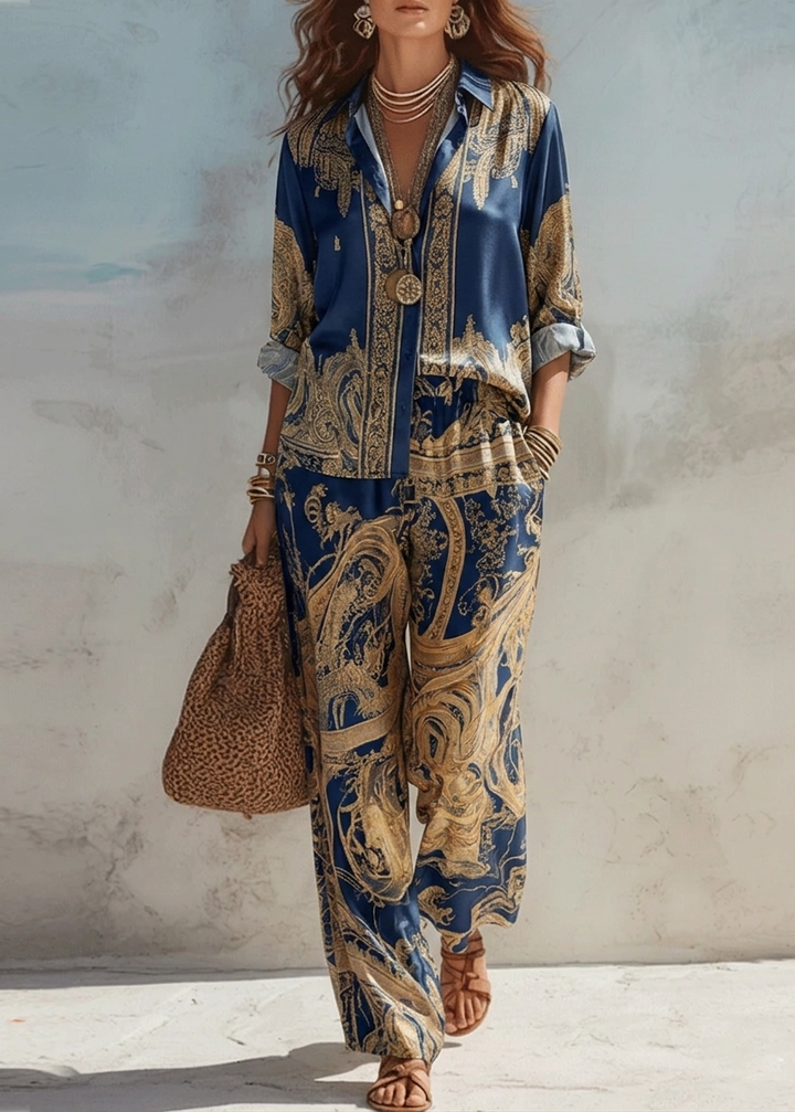 Jyllia - Satin Two-Piece Suit With Gold Baroque Print