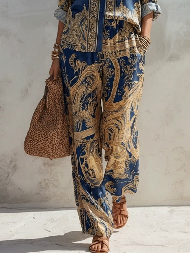 Jyllia - Satin Two-Piece Suit With Gold Baroque Print