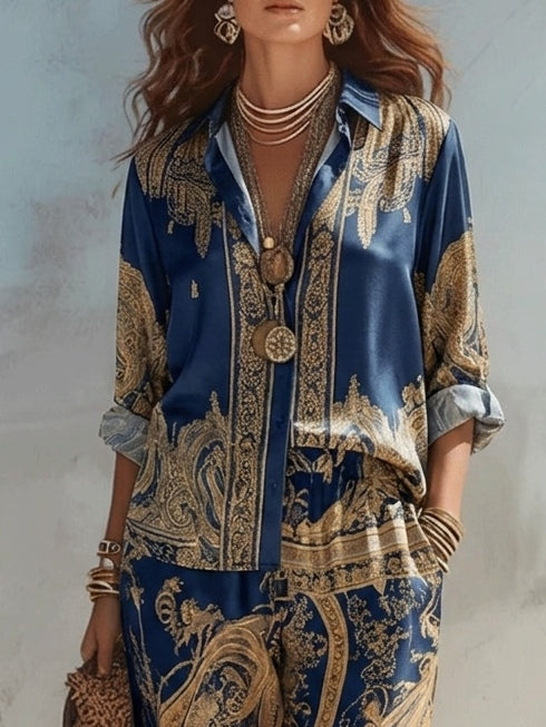 Jyllia - Satin Two-Piece Suit With Gold Baroque Print
