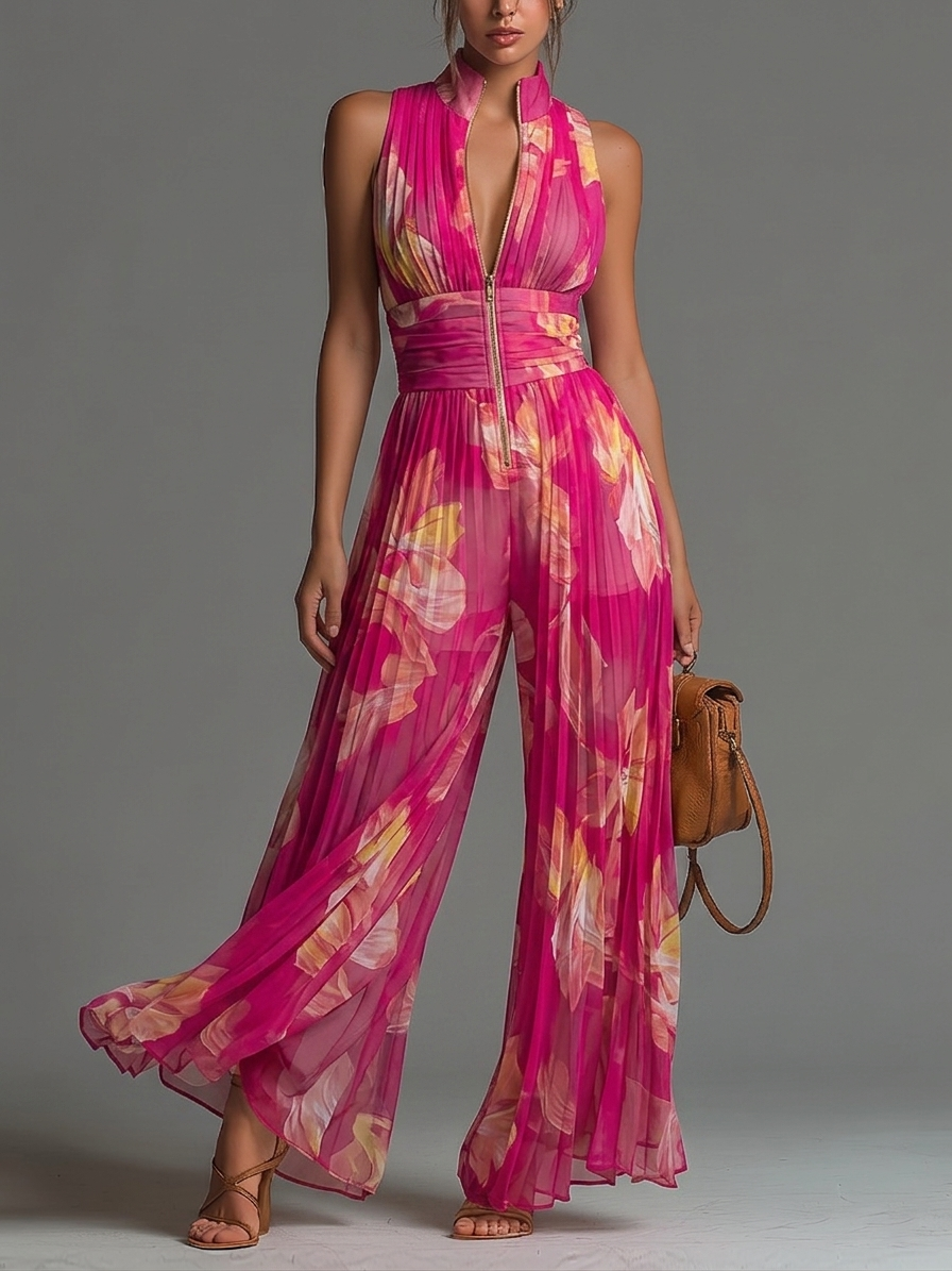 Lamai -  Elegant Pleated Halter Wide Leg Jumpsuit
