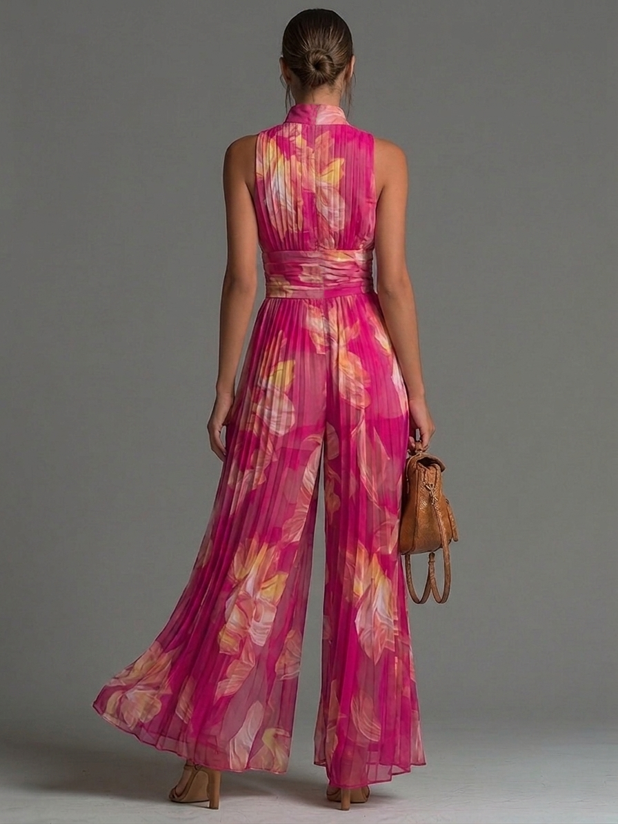 Lamai -  Elegant Pleated Halter Wide Leg Jumpsuit