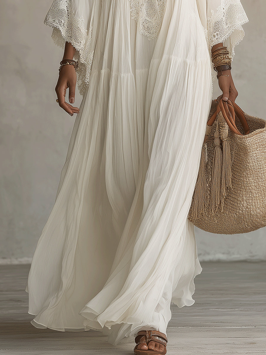 Shimmila - Chiffon Batwing Sleeve Lace Maxi Dress