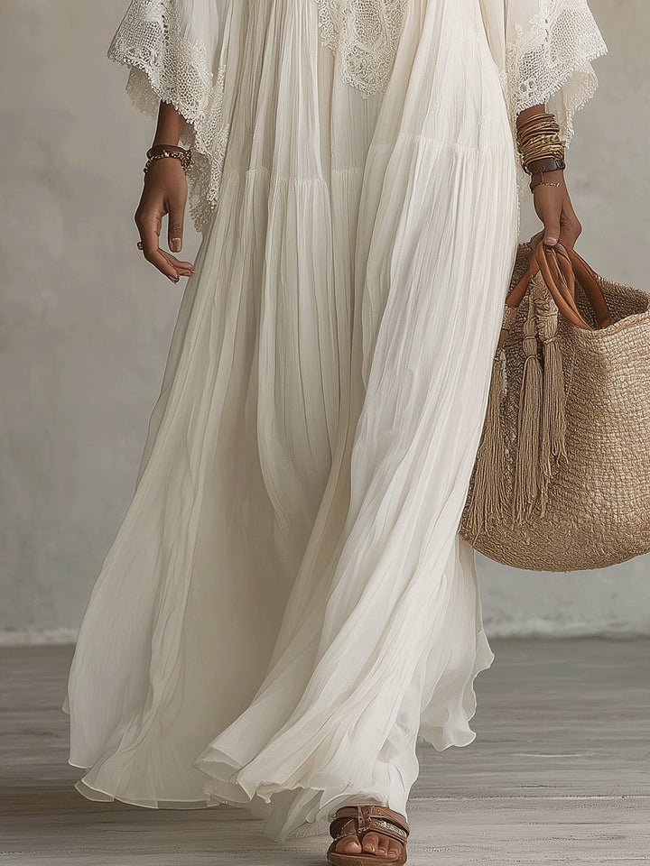 Shimmila - Chiffon Batwing Sleeve Lace Maxi Dress