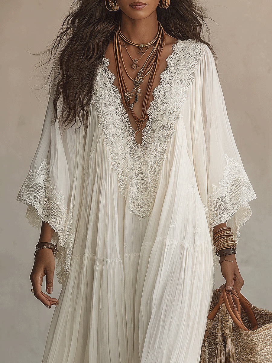 Shimmila - Chiffon Batwing Sleeve Lace Maxi Dress