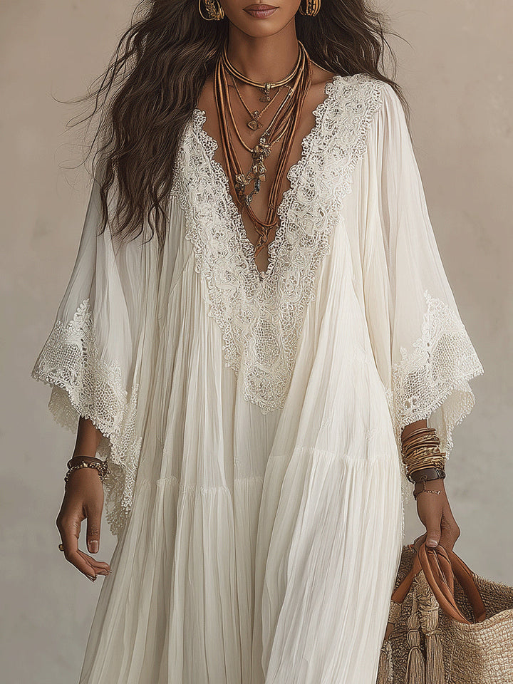 Shimmila - Chiffon Batwing Sleeve Lace Maxi Dress