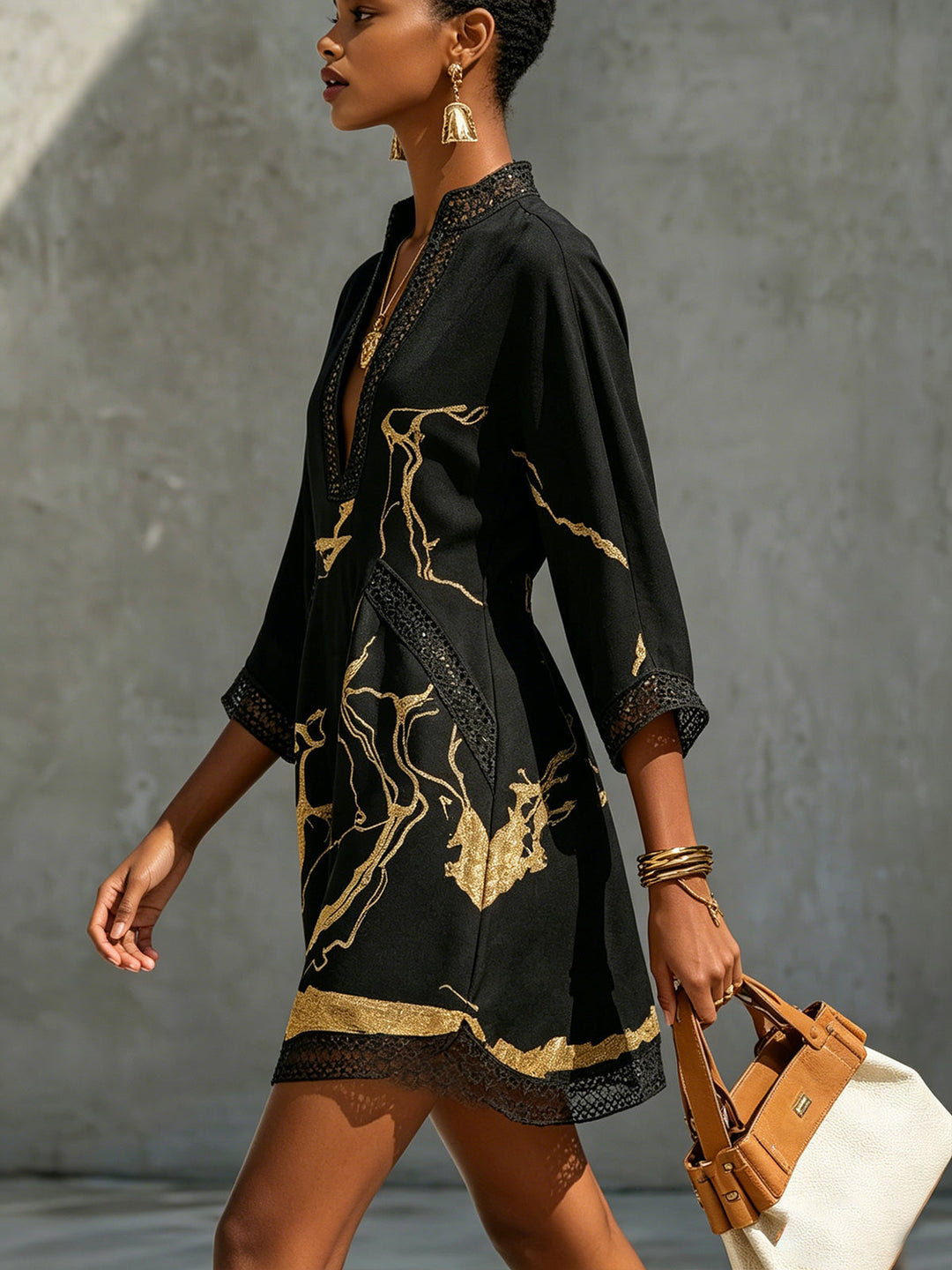 Arlinen - Mini Dress With Gold Marble Print and Crochet Lace