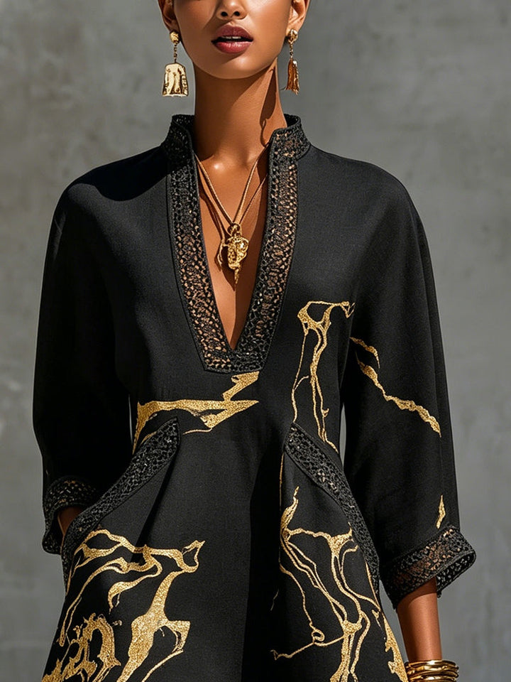 Arlinen - Mini Dress With Gold Marble Print and Crochet Lace