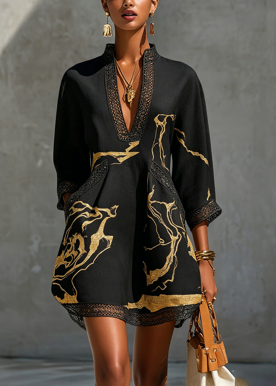 Arlinen - Mini Dress With Gold Marble Print and Crochet Lace