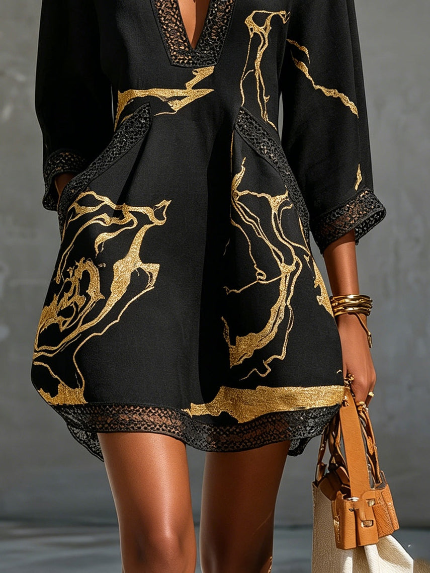 Arlinen - Mini Dress With Gold Marble Print and Crochet Lace