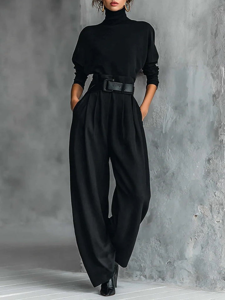 Laurira - Turtleneck Wide Leg Belted Jumpsuit