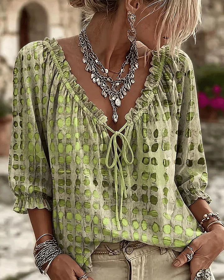 Orlyna - Polka Dot Lace Up Blouse With V-Neck
