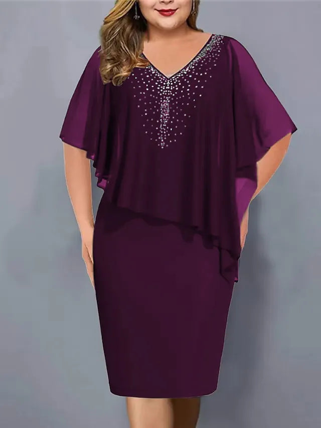 Sylviana - Rhinestone-Embellished Chiffon V-Neck Dress