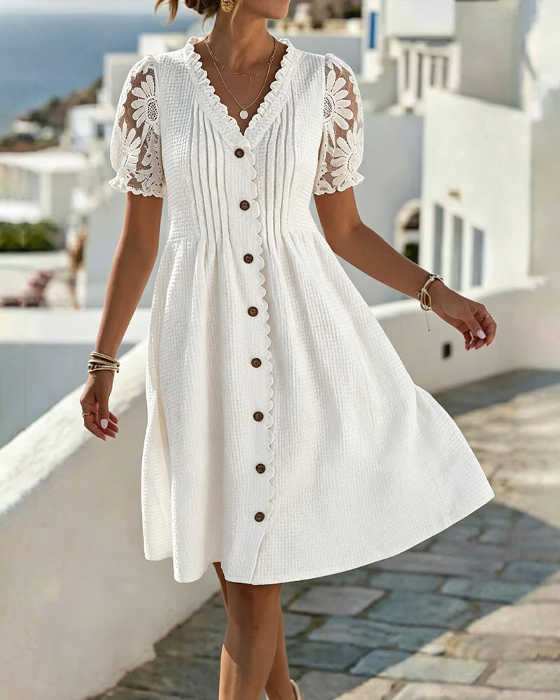 Deneke - Sunflower Lace Patchwork Balloon Sleeve Dress