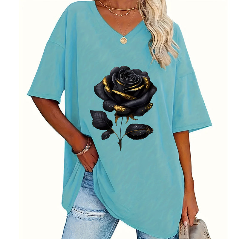 Aijia - Rose Print V-Neck T-Shirt