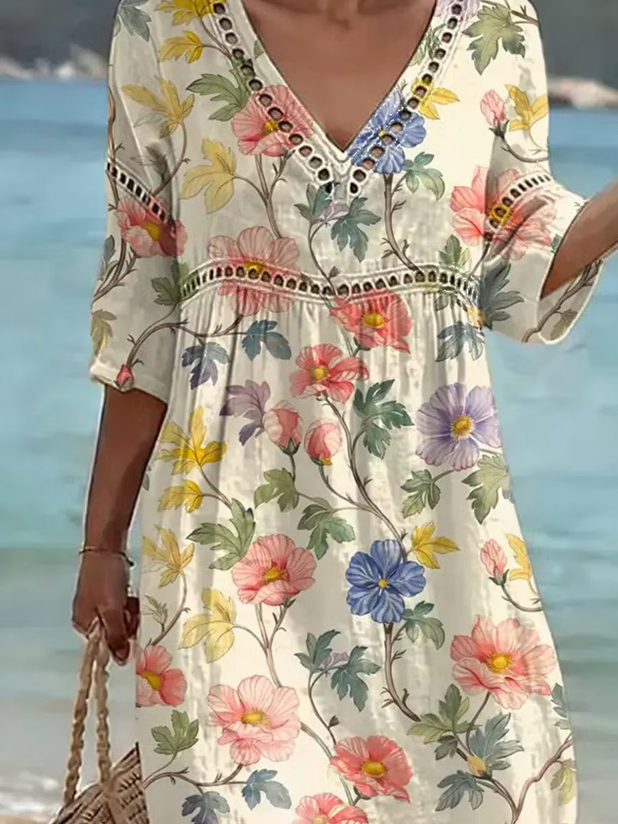 Nona - Cotton Linen Dress With Floral Print