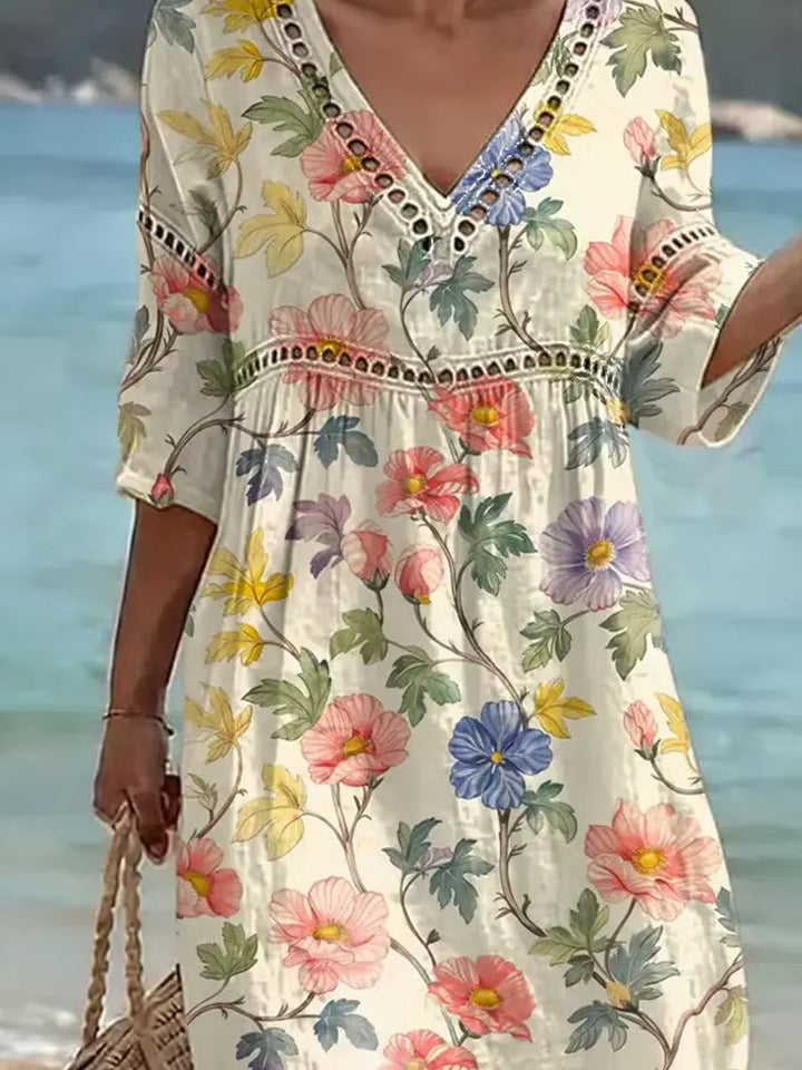 Nona - Cotton Linen Dress With Floral Print