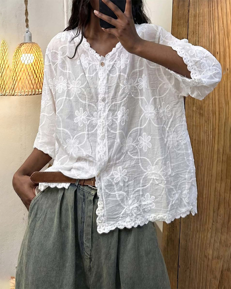 Guinwa - Lace Blouse With Three-Quarter Sleeves