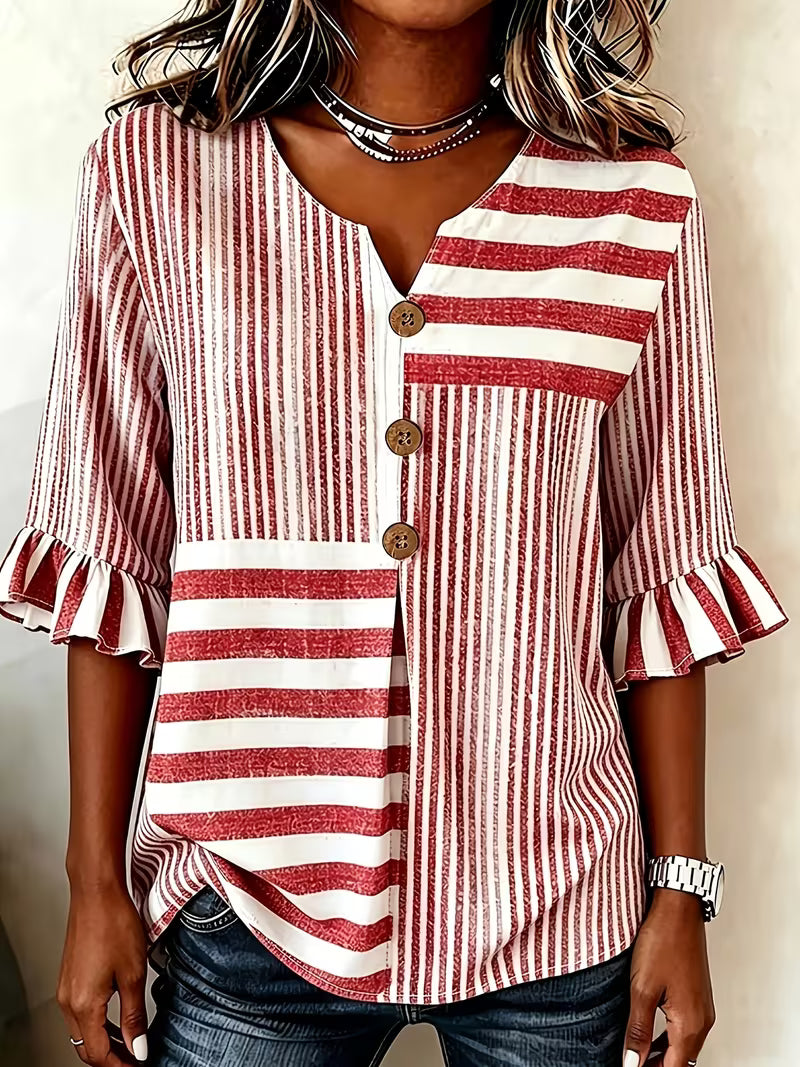 Avyra - Striped Patchwork Ruffle Sleeve Button Top