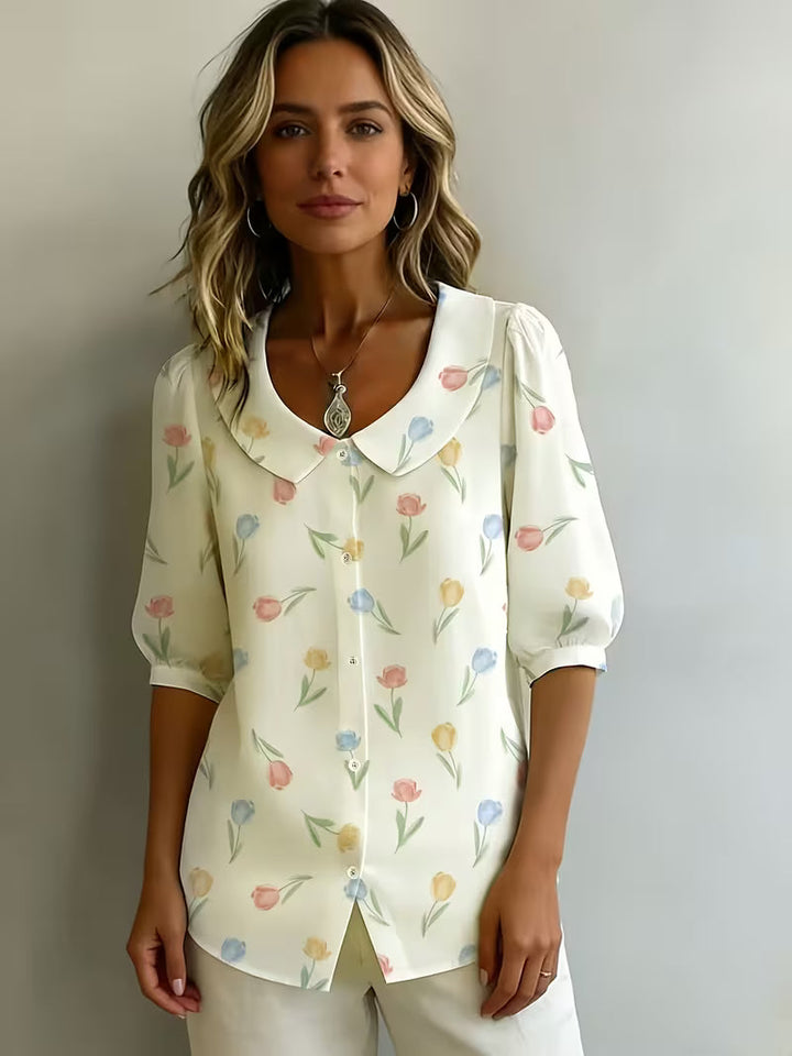 Alvique - Floral Print Collar Short Sleeve Blouse