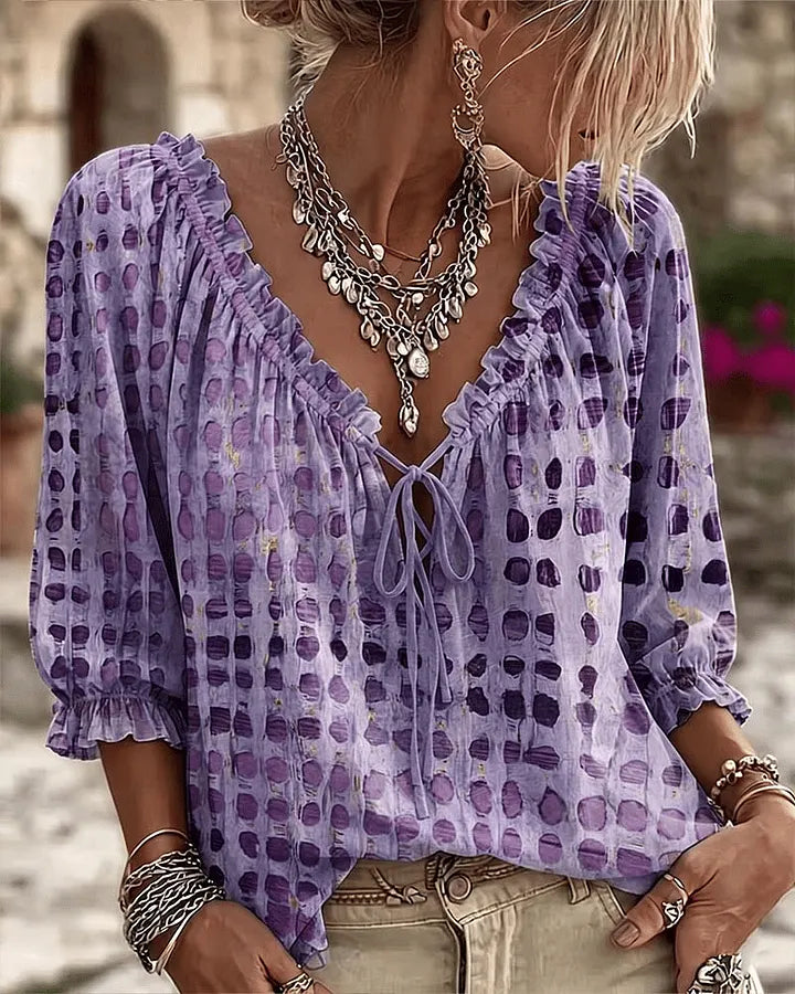 Orlyna - Polka Dot Lace Up Blouse With V-Neck