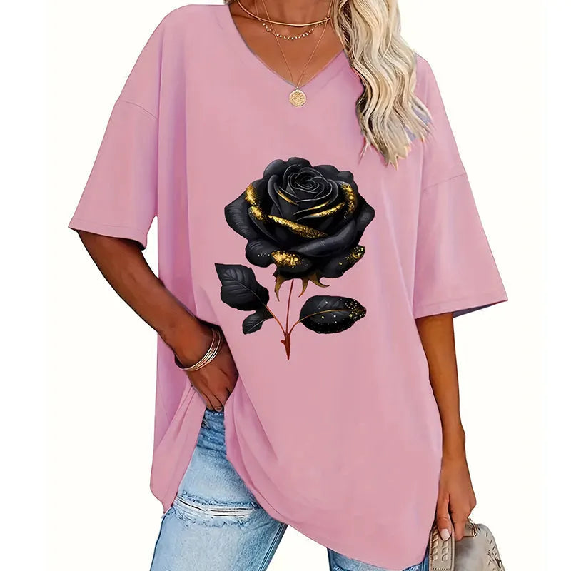 Aijia - Rose Print V-Neck T-Shirt