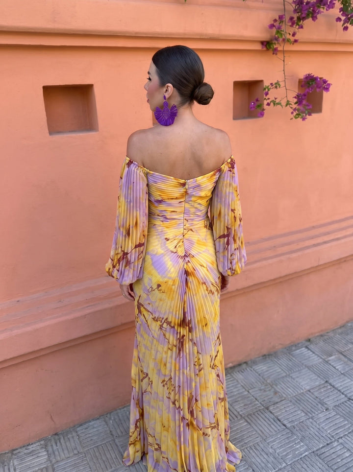 Calvillo - Long Sleeve Pleated Floral Maxi Dress