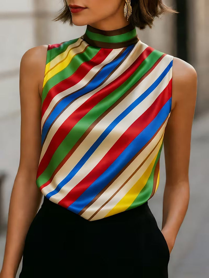 Alyza - Striped Satin High-Neck Sleeveless Top