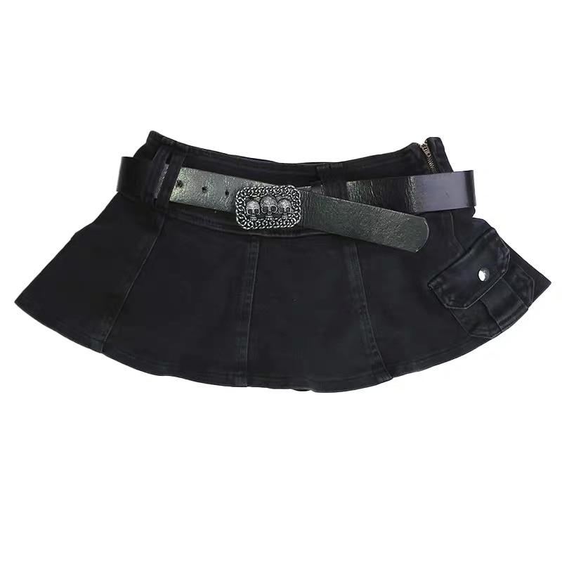 Linda - Pleated Denim Mini Skirt with Belt
