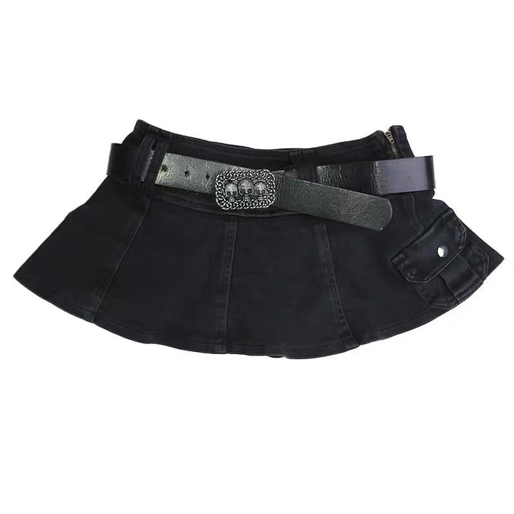 Linda - Pleated Denim Mini Skirt with Belt