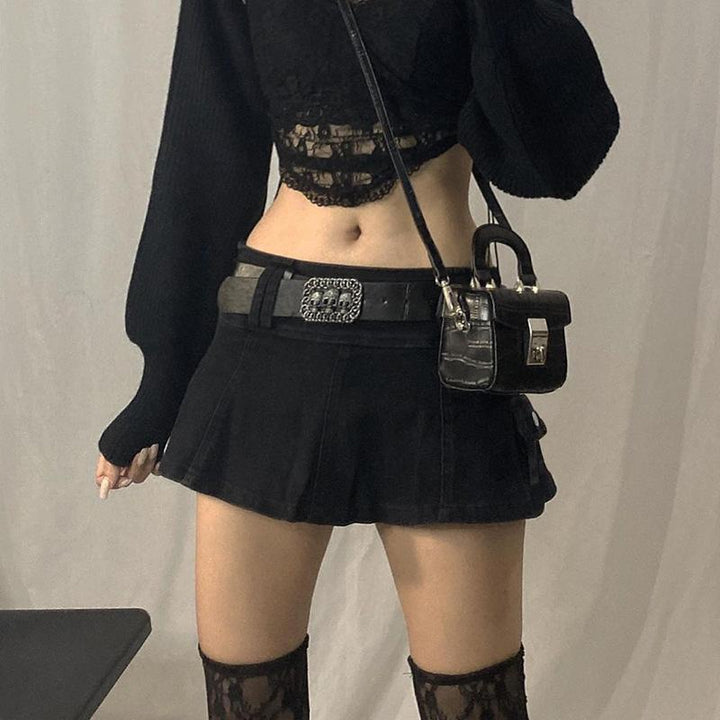 Linda - Pleated Denim Mini Skirt with Belt