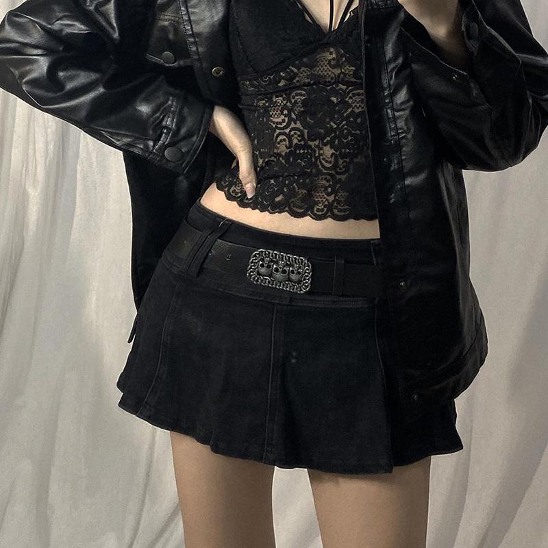 Linda - Pleated Denim Mini Skirt with Belt