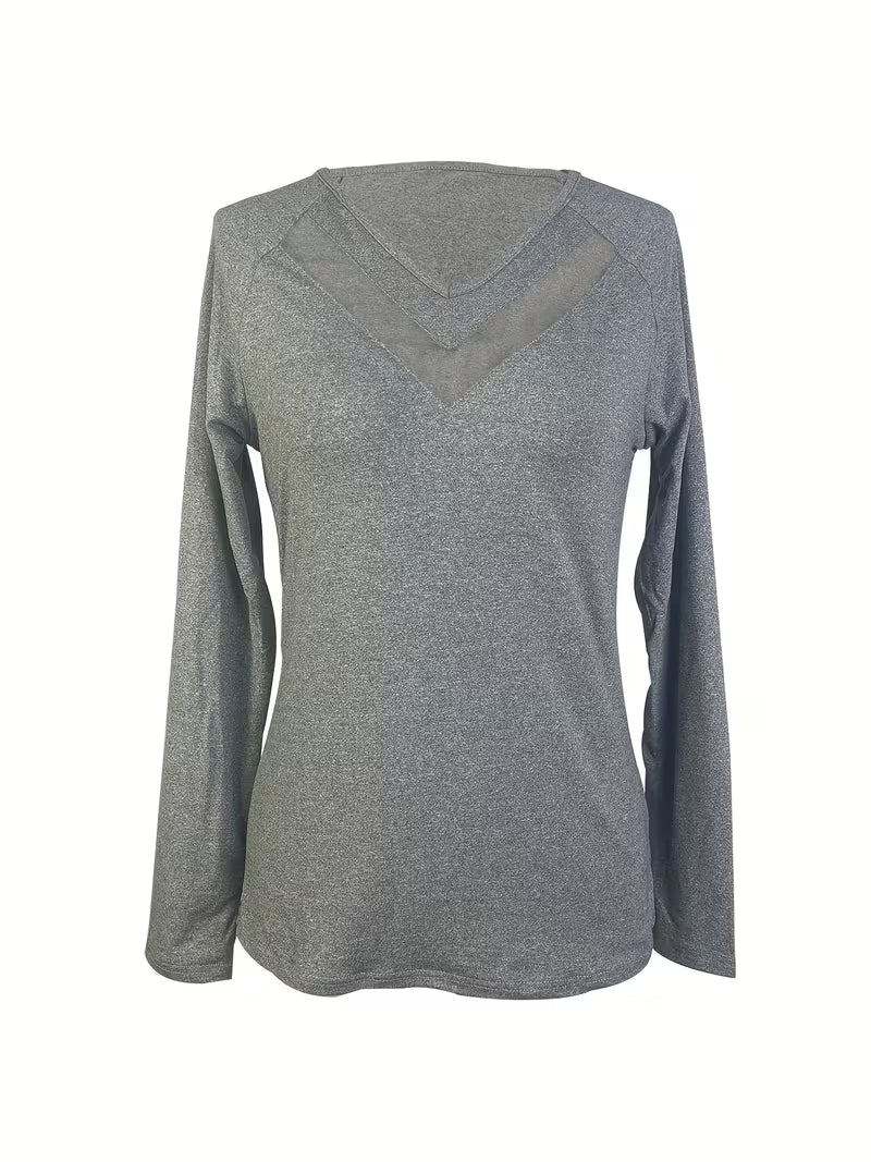 Mesha- V-neck Mesh Insert Long Sleeve Top