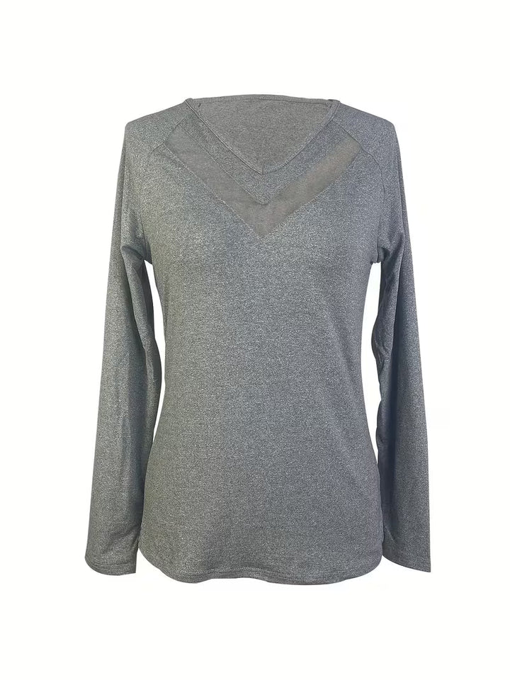 Mesha- V-neck Mesh Insert Long Sleeve Top
