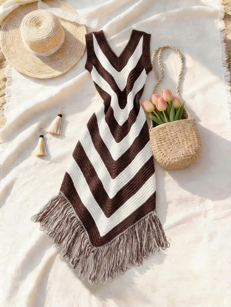 Foley - Fringe Hem Stretch Beach Cover-Up Dress