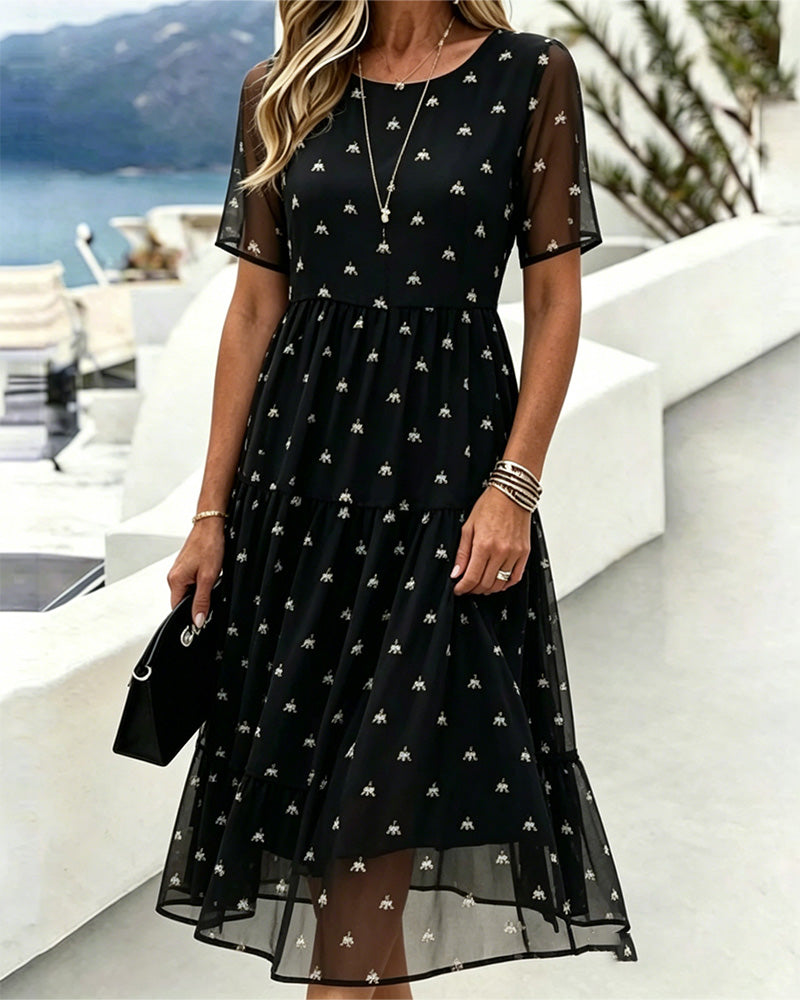 Marci - Floral Print Sheer Sleeve Tiered Midi Dress