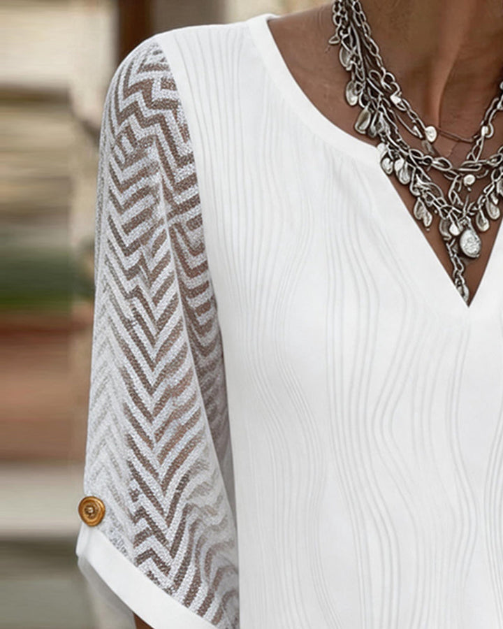 Lynella - Textured V-Neck Lace Sleeve Blouse