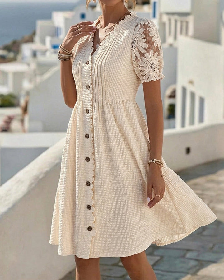 Deneke - Sunflower Lace Patchwork Balloon Sleeve Dress