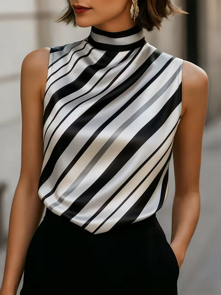 Alyza - Striped Satin High-Neck Sleeveless Top