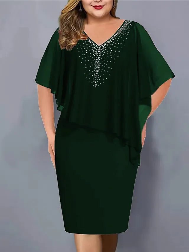 Sylviana - Rhinestone-Embellished Chiffon V-Neck Dress