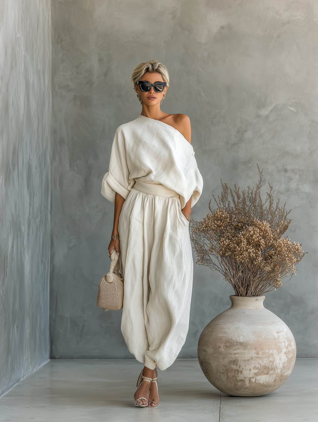 Abira - Off-shoulder Top And Loose Pants Set