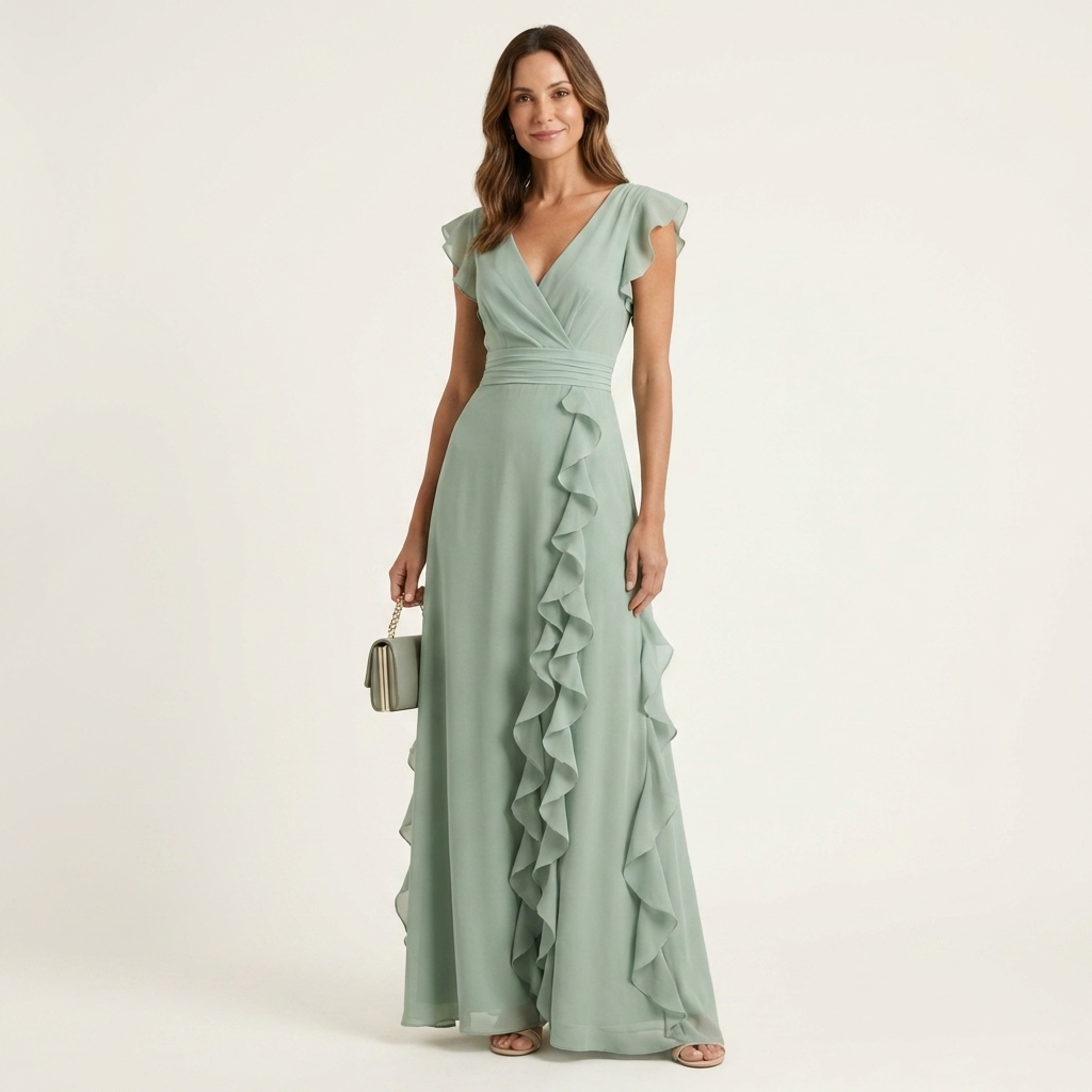 Nellyana - Casual V-neck Flutter Sleeves Ruffle Maxi Dress