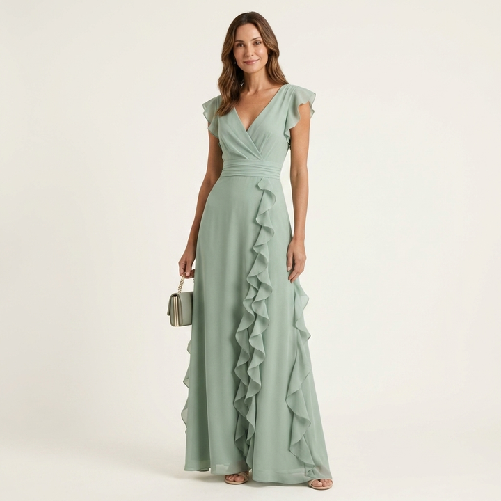 Nellyana - Casual V-neck Flutter Sleeves Ruffle Maxi Dress